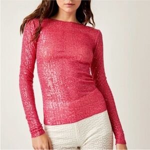 Free People Pink Sequin Long Sleeve Top